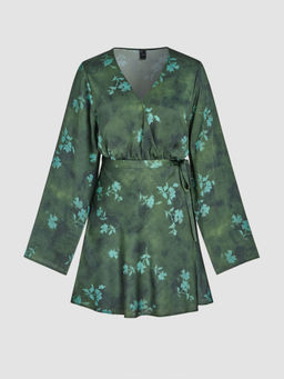 Cider - V-Neck Floral Belted Ruffle Mini Dress
