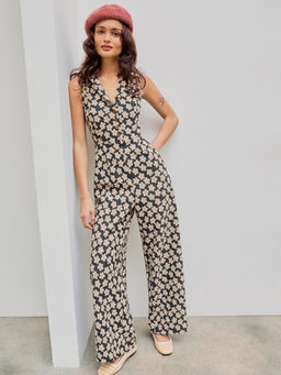 Cider - Collar Floral Wide Leg Jumpsuit