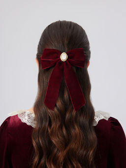 Cider - Velvet Rose Badge Decor Bowknot Hair Clip