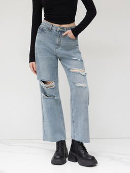 Cider - Petite High Waist Ripped Straight Leg Jeans