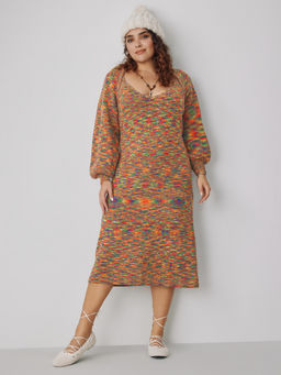 Cider - Knit Jacquard Square Neck Colorful Maxi Dress & Shrug Curve & Plus