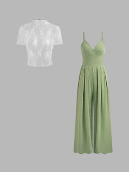 Cider - Lace See-Through Top & V Neck Wide Leg Jumpsuit