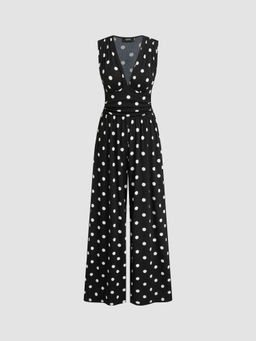 Cider - V-Neck Ruched Solid Wide Leg Jumpsuit