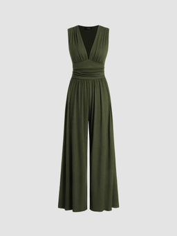 Cider - V-Neck Ruched Solid Wide Leg Jumpsuit