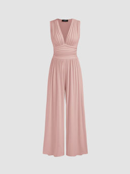 Cider - V-Neck Ruched Solid Wide Leg Jumpsuit