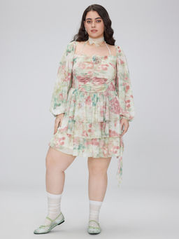 Cider - Chiffon Square Neck Rorette Ruffle Mini Dress Curve & Plus