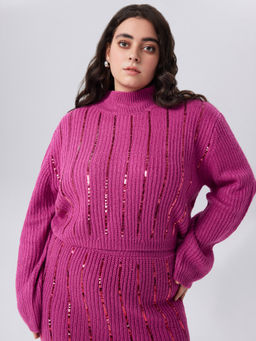 Cider - Knitted High Neck Sequins Long Sleeve Crop Top Curve & Plus