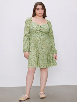 Cider - Square Neck Floral Lace Up Mini Dress Curve & Plus