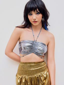 Cider - Metallic Collarless Knotted Crop Top