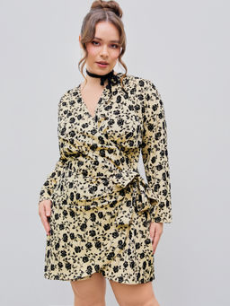 Cider - V-Neck Floral Knotted Mini Dress Curve & Plus