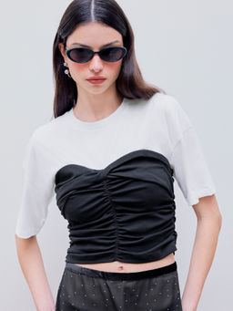 Cider - Round Neck Two Tone Ruched Crop Short Sleeve Top