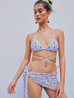 Cider - Halter Cherry Tie Side Bikini Swimsuit With Sarong