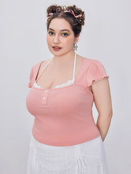 Cider - Square Neck Halter Lace Short Sleeve Jersey Top Curve & Plus