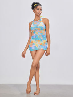 Cider - Mesh Round Neck Abstract Cut Out Cover Up Dress