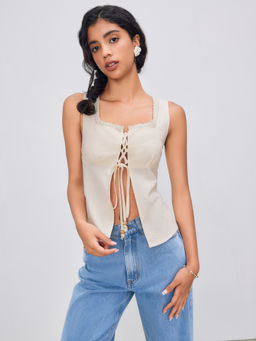 Cider - Square Neck Solid Beaded Detail Lace Up Crop Tank Top