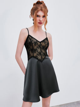 Cider - Woven V-Neck Lace Zipper Mini Dress