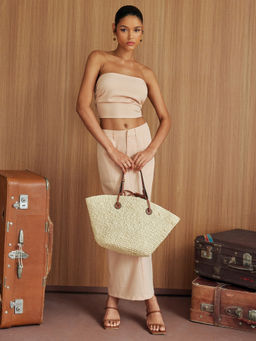 Cider - Woven Solid Ruched Shirred Crop Tube Top & High Rise Split Maxi Skirt