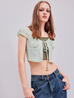 Cider - Square Neck Two Tone Knotted Crop Short Sleeve Top