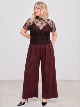 Cider - Lace See-Through Top & V Neck Wide Leg Jumpsuit Curve & Plus
