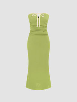 Cider - Jersey Strapless Contrasting Binding Knotted Ruched Midi Dress