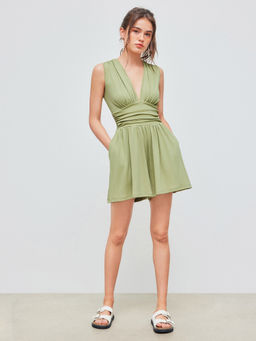 Cider - V-Neck Solid Ruched Pocket Romper