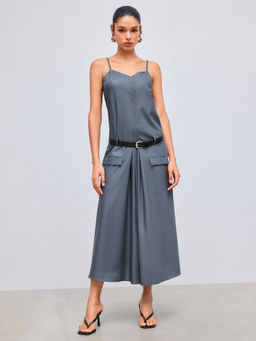 Cider - Woven V-Neck Pleated Pocket Dress
