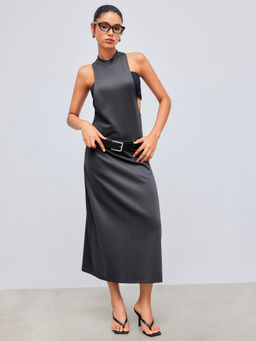 Cider - Stand Collar Solid Dress With Belt