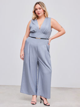 Cider - Woven V-Neck Solid Pleated Jumpsuit With Belt Curve & Plus