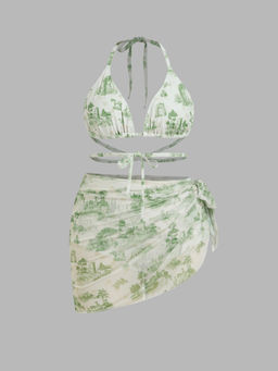 Cider - Shaping Halter Toile De Jouy Triangle Cheeky Bikini Set & Sarong Curve & Plus