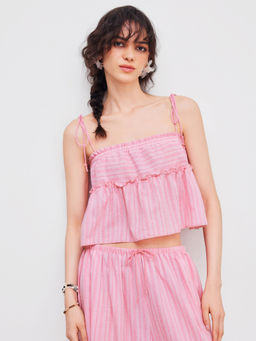 Cider - Woven Square Neck Striped Lettuce Trim Knotted Cami Top
