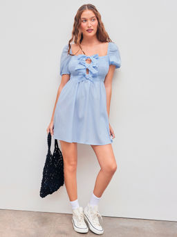 Cider - Square Neck Striped Bowknot Mini Dress
