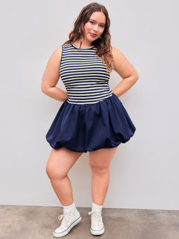 Cider - Round Neckline Striped Bubble Mini Dress With Solid Shorts Curve & Plus