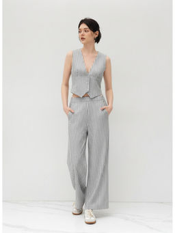 Cider - V-Neck Striped Belted Vest With Mid Rise Striped Pocket Straight Leg Trousers