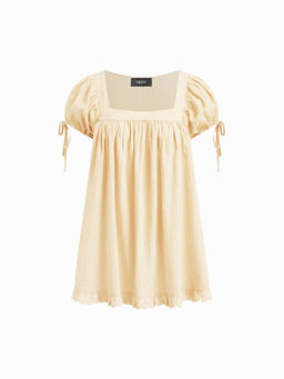 Cider - Square Neck Solid Ruffle Knotted Short Sleeve Blouse