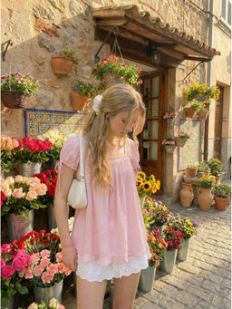 Cider - Square Neck Solid Ruffle Knotted Short Sleeve Blouse