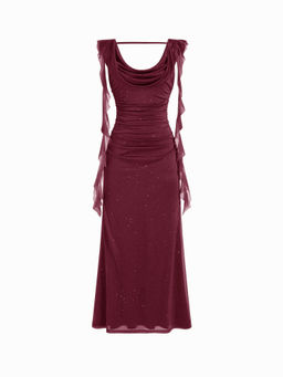 Cider - Cowl Neck Solid Ruffle Hem Ruched Maxi Dress