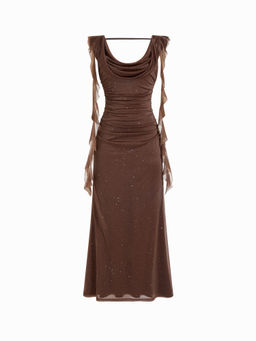 Cider - Cowl Neck Solid Ruffle Hem Ruched Maxi Dress
