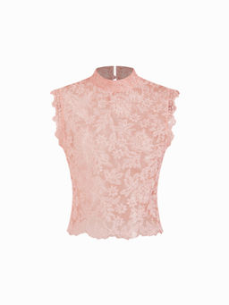 Cider - Lace Mandarin Collar Floral See-Through Top