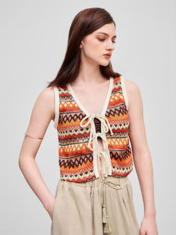 Cider - V-Neck Striped Tie Front Knotted Oversized Crop Vest