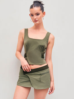 Cider - Square Neck Solid Belted Shirred Crop Top