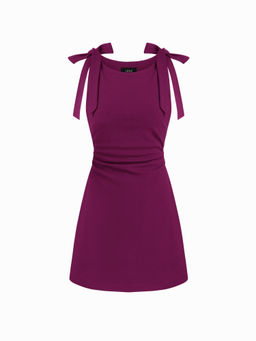 Cider - Square Neck Solid Bowknot Mini Dress