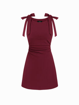 Cider - Square Neck Solid Bowknot Mini Dress