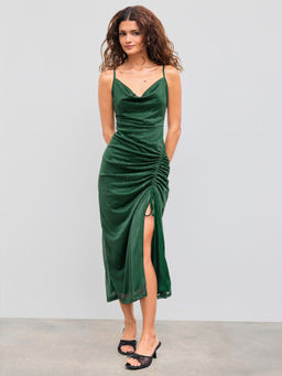 Cider - Cowl Neck Glitter Ruched Split Drawstring Maxi Dress