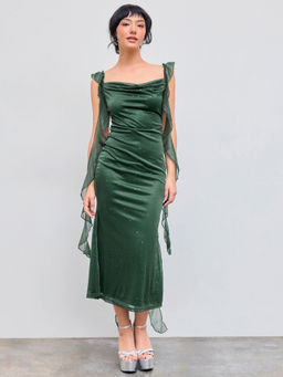 Cider - Cowl Neck Solid Glitter Ruffle Hem Maxi Dress