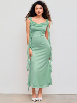 Cider - Cowl Neck Solid Glitter Ruffle Hem Maxi Dress