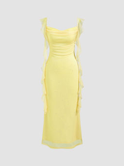 Cider - Cowl Neck Solid Glitter Ruffle Hem Maxi Dress
