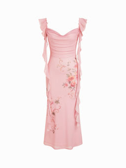 Cider - Cowl Neck Solid Glitter Ruffle Hem Maxi Dress