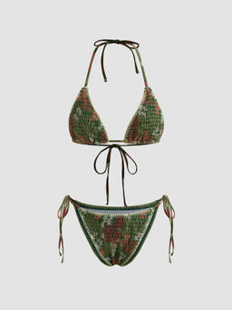 Cider - Halter Neckline Shirred Floral Triangle Tie Side Bikini Set