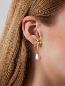 Cider - Flower Faux Pearl Drop Earrings