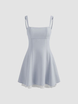 Cider - Square Neck Solid Bowknot Zipper Mini Dress